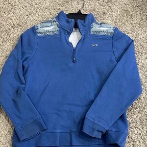 Men's Blue Sweater with Patterned Shoulders